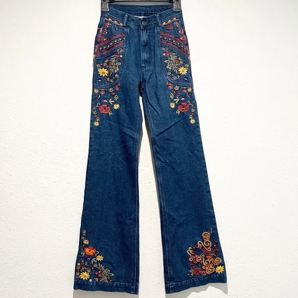 Spell & The Gypsy Boho Wanderlust Flare Jeans Embroidered Denim XS Extra Small - Picture 2 of 10